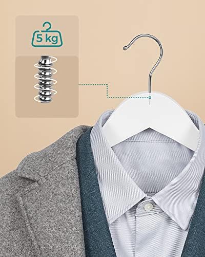 SONGMICS Wooden Hangers, Set of 20, Coat Hangers, Clothes Hangers, with Shoulder Notches, Anti-Slip Trousers Bar, 360° Swivel Hook, for Suits, Shirts, Coats, White and Silver CRW03W-20