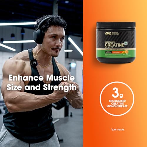 Image of Optimum Nutrition (ON) Micronized Creatine Powder - 250 Gram, 65 Serves, Citrus Orange, 3g of 100% Micronised Creatine Monohydrate per serve, Supports Athletic Performance & Strength.