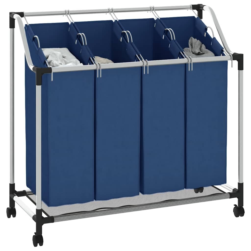 Wäschesortierer mit 4 Taschen Blau, Wäschekorb mit Rollen Stahl, Wäschesammler mit Griffen, Wäschesortierwagen 4 Fächer