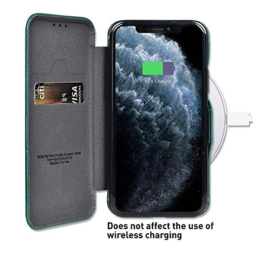 Image of PULOKA for iPhone 13 - Sleek Flip Case - Premium Vegan Leather Phone Cover with Card Slot - Slim, Durable, Privacy Protection - Kickstand Function - Elegant Flip Wallet Cases for Apple - Green