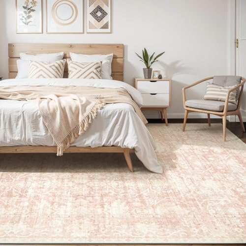 Image of 10x14 Area Rugs for Living Room: Large Soft Washable Rug Modern Aesthetic Floral Carpet Low Pile Non-Slip Stain Resistant for Bedroom (Beige Pink, 10'x14')