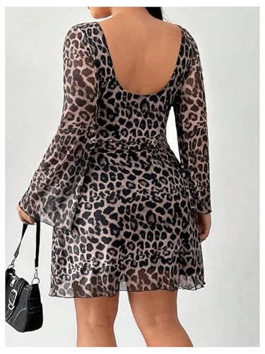 MakeMeChic Women's Plus Size Fall Dresses 2025 Leopard Print Dress Bell Sleeve Y2K Mesh Backless Going Out Mini Dresses3