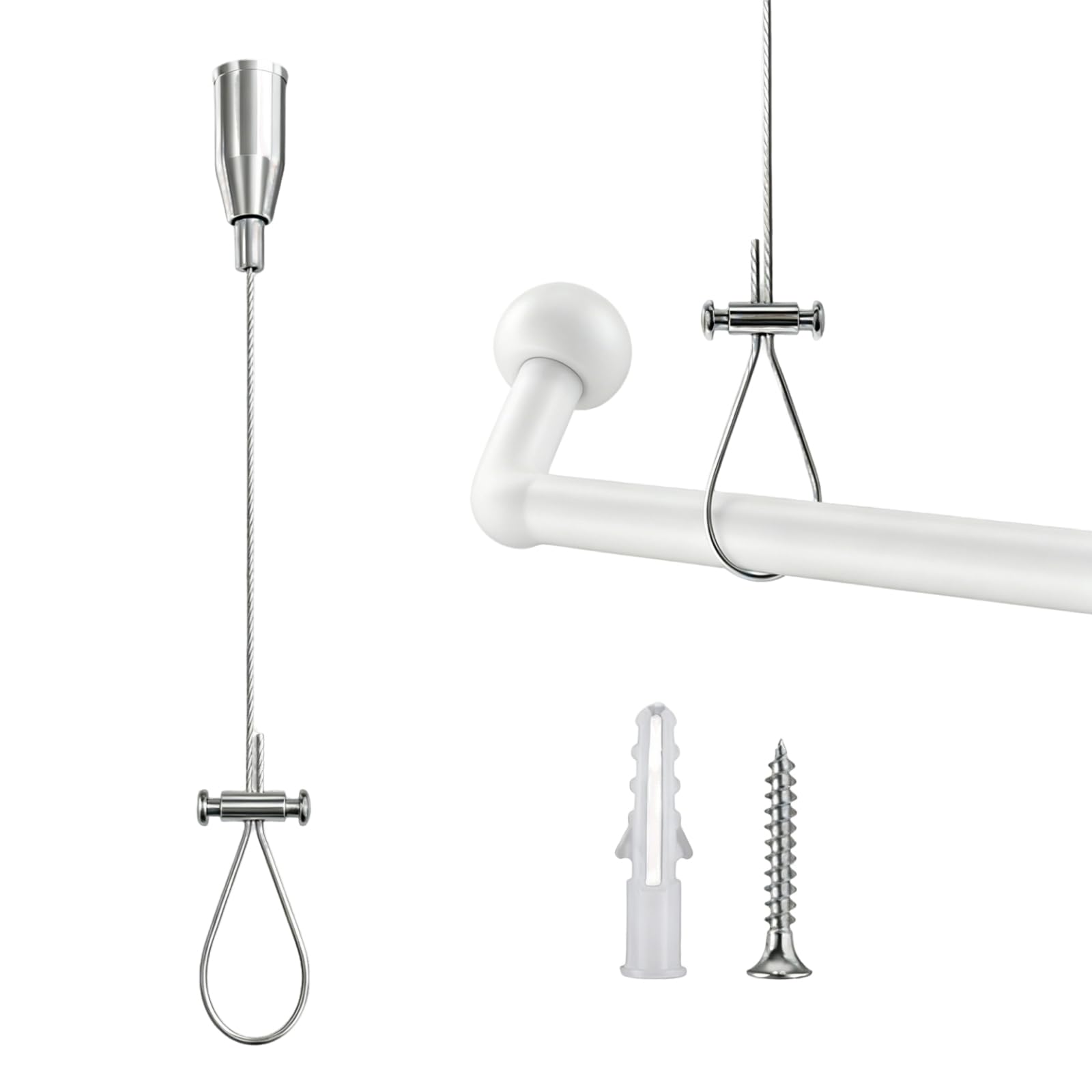 1 Pack Closet Rod Ceiling Bracket Support Kit, Curtain Pole Hooks Ceiling Suspension, Heavy Duty Closet Rod Support System Adjustable Wardrobe Pipe Bracket For Curved Straight Shower Bars(1.5 M)