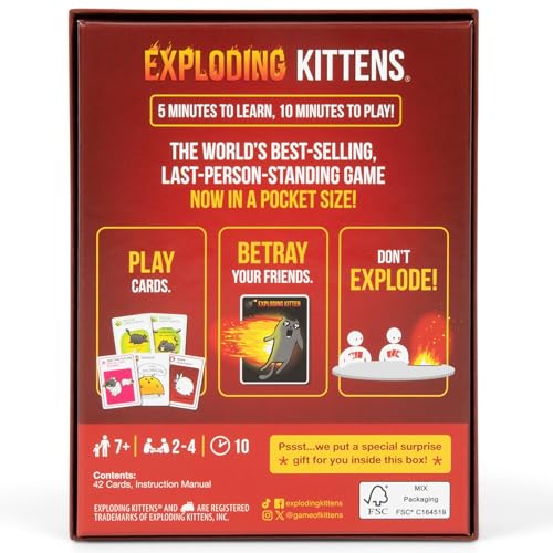Image of Exploding Kittens Grab and Game, 2-4 Players, Ages 7+, Pocket Version | Pocket-sized Exploding Kittens! Quick to learn, travel-friendly, and great for road trips, parties, and gifting.