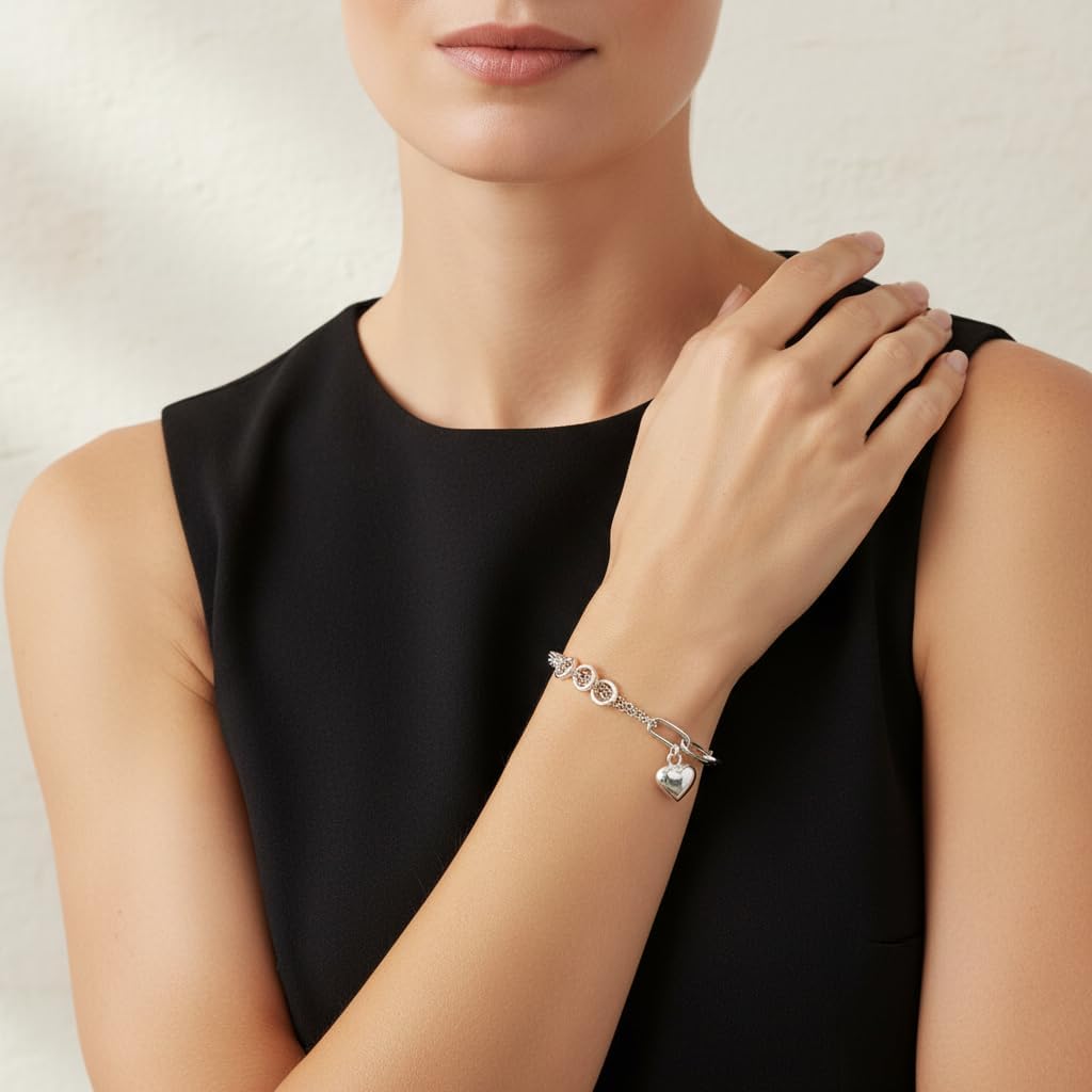 925 Sterling Silver Paperclip Bracelet for Women – Heart Charm Bracelet with Mixed Chain Design, Lobster Clasp, 7” 8” 9” Sizes – Gift Box Included