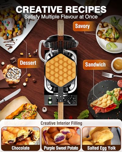 Image of PYY Bubble Waffle Maker - 1500W Commercial Egg Puff Waffle Iron, 122-482℉ Electric Stainless Steel, 180 Rotating, Non-Stick Coating, Wooden Handle & Crumb Tray, Hong Kong Round Cones