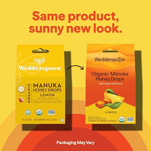 Image of Wedderspoon Organic Manuka Honey Drops, Lemon & Bee Propolis, 20 Count | USDA Organic | Genuine New Zealand Honey, Natural Remedy for Dry Throat