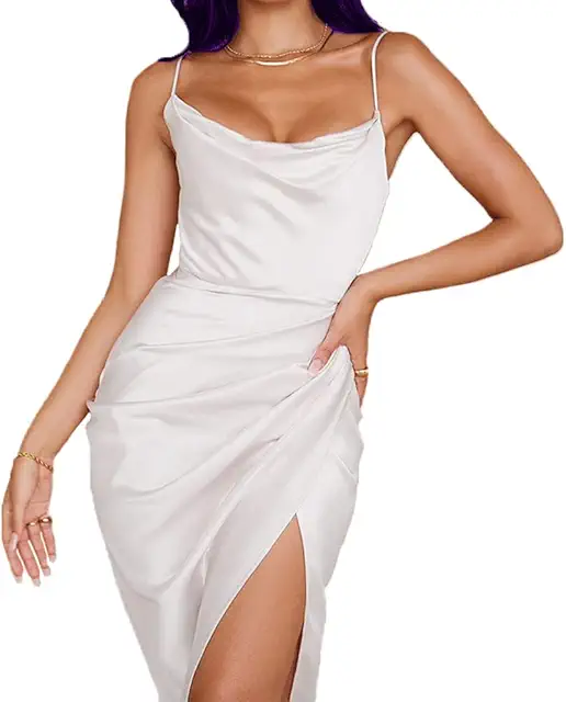 Weißes Satin Damen Bodycon Maxikleid mit Spaghettiträgern und Schlitz
