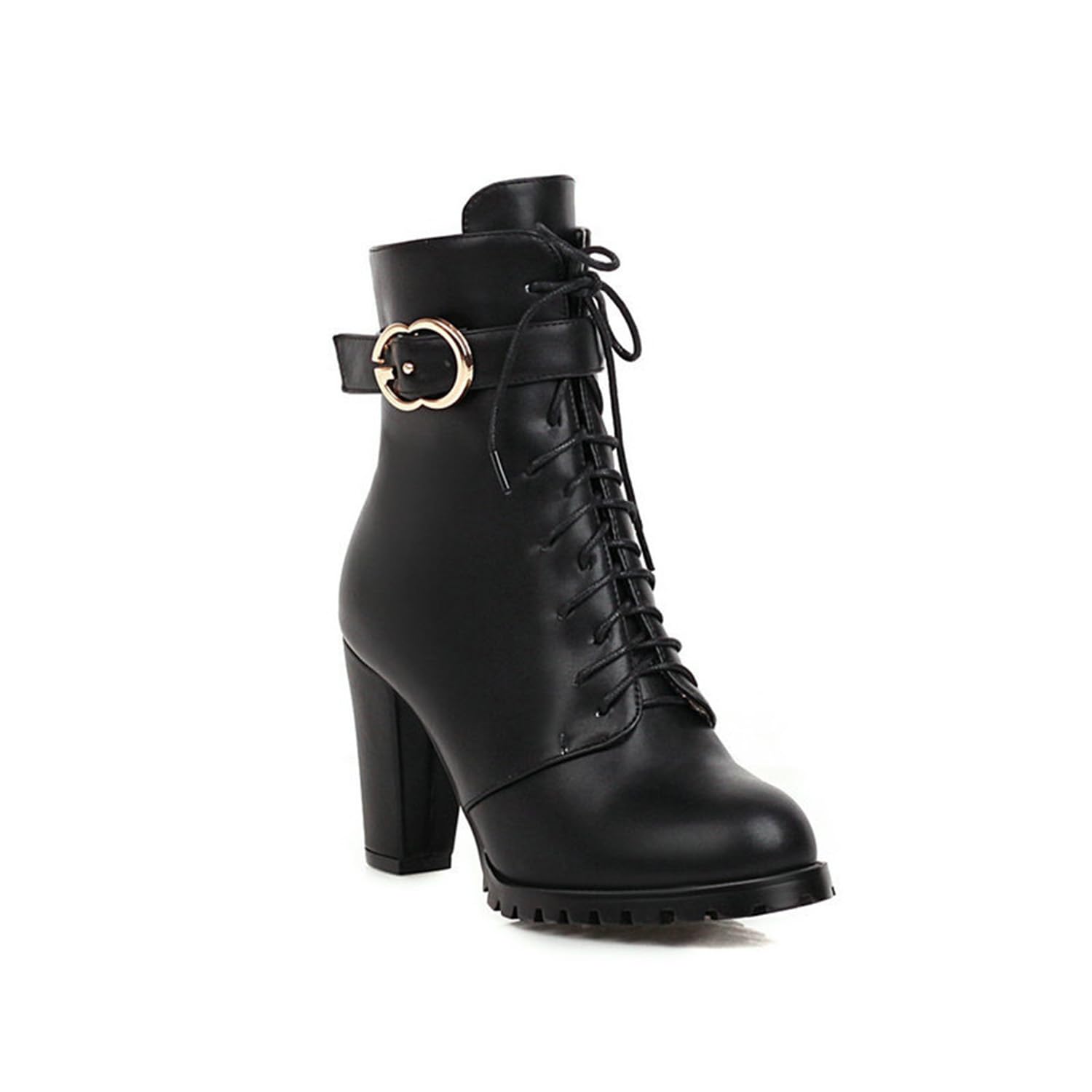 Womens Lace Up Ankle Boots Chunky Heel Lug Sole Combat Booties Non-Slip Casual Boots with Buckle Strap