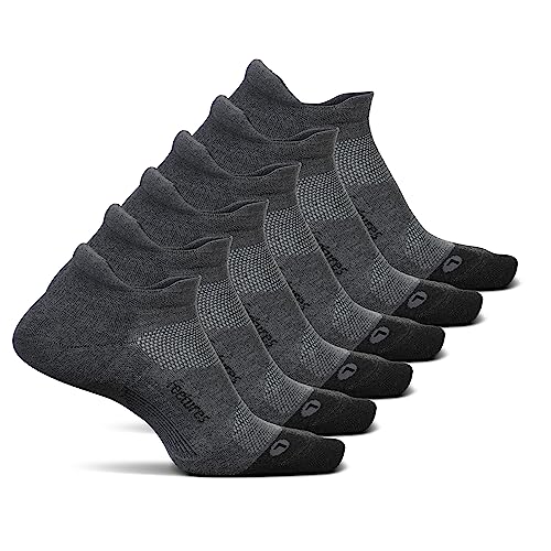 Feetures Elite Light Cushion No Show Tab Ankle Socks - Sport Sock with Targeted Compression - Gray, M (6 Pair)