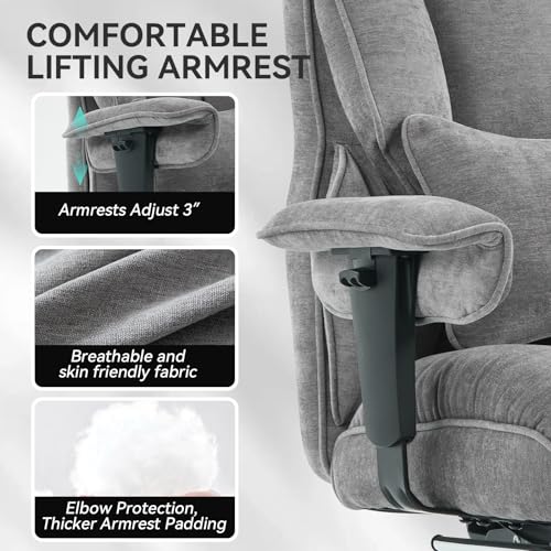 Image of Efomao Executive Office Chair 400lbs, Grey Fabric Big and Tall Desk Chair | Breathable fabric, pocket spring & foam seat, retractable footrest, 135 recline for computer gaming setup