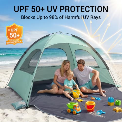 Image of WhiteFang Beach Tent Anti-UV Portable Sun Shade Shelter for 3 /4 /6 /8 Person, Extendable Floor with 3 Ventilating Mesh Windows Plus Carrying Bag, Stakes and Guy Lines