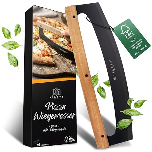 LIKAYA Pizzaschneider Wiegemesser 36cm schwarz großer Pizza Schneider mit Edelstahl-Klinge Akazienholzgriff & Klingenschutz Pizzamesser für Pizza Flammkuchen & Kräuter perfektes Profi Zubehör