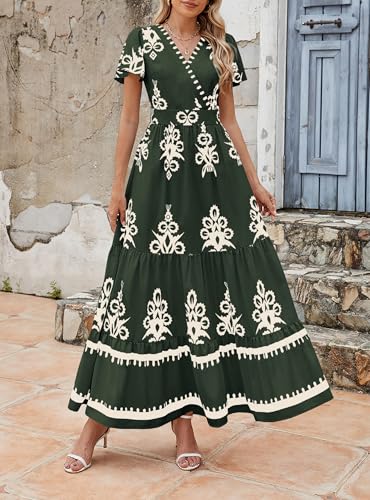 Image of PRETTYGARDEN Womens 2026 Summer Casual V Neck Boho Maxi Dress Flowy Aline Bell Sleeve Tiered Floral Dresses with Pocket