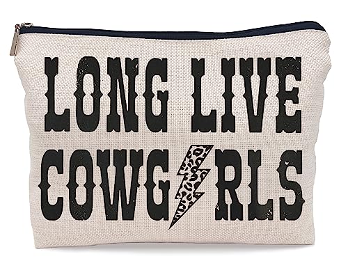 Lacosu Retro Western Long Live Cowgirls Makeup Bags Leopard Lightning Bolt Makeup Bag Cosmetic Bag Zipper Pouch Toiletry Bags,Gifts for Cowboy Cowgirl Women Teenage Girls