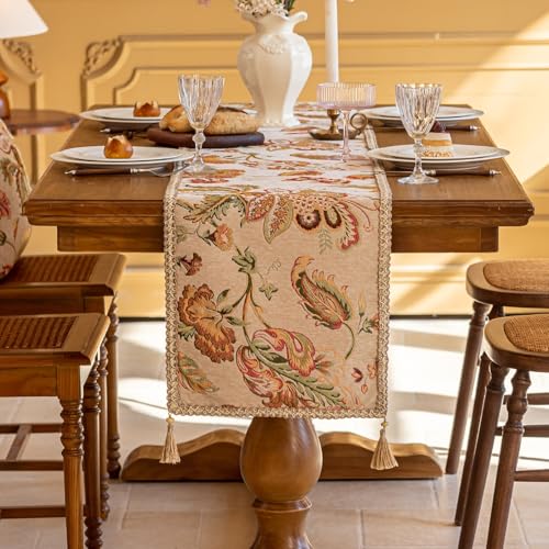 Floral Embroidered Table Runner 108 Inches Long Non-Slip Chenille, Beige