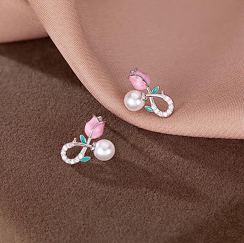 Reffeer Solid 925 Sterling Silver Pink Flower Stud Earrings for Women Teens Spring Flower Stud Earrings Pearls4