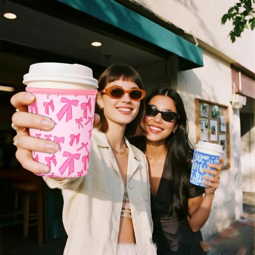 Image of Reusable Insulated Sleeve for Iced Coffee Cup, Coffee Neoprene Sleeve for Cold & Hot Drinks, Beverage Holder for Iced Coffee (Pink Bows, Large: 32oz)