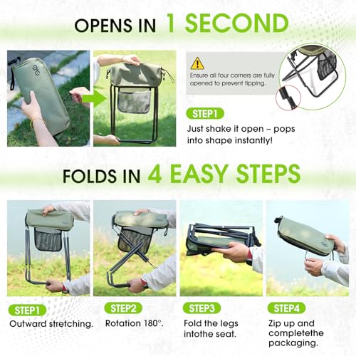 Image of CAMDOOR Portable Collapsible Stool, 16″Folding Stool with 3 Side Pockets and Shoulder Strap, Extra Large Camping Chair Supports 400 lbs, Ultralight Portable Seat for Outdoor, Hiking, Fishing