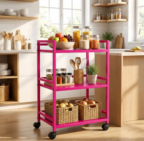 Image of WINSTAR Metal Rolling Trolley with Lockable Wheels | Heavy Duty Multifunctional Metal Frame Cart | Ideal for Home, Kitchen, Bathroom and Office Storage | (Fuchsia Pink, 3-Tier)