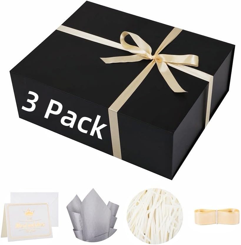 UoeRing 3 Pack Extra Large Black Gift Box 20x16x7 inch Luxury Gift Box for Presents with Magnetic Closure Lid Collapsible,Birthday,Christmas,Contains Card, Ribbon,Tissue Paper,Shredded Paper Filler 20x16x7 Inch-Black-Pack of 3