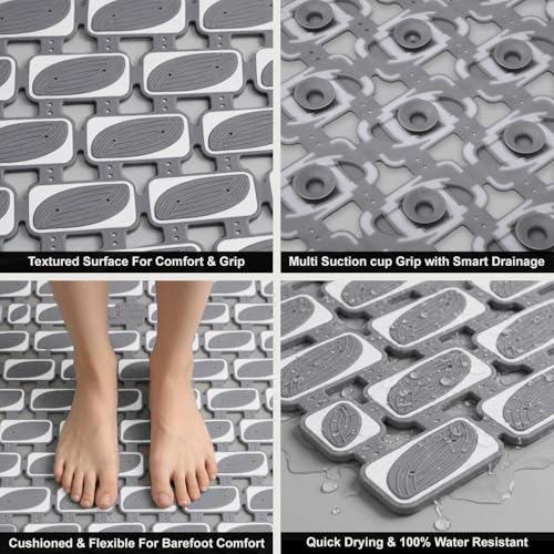 Image of LUXEHOME International Rubber Shower Mat for Bathroom Floor Anti Slip Water Resistant Ibija Pattern Bath Tub Shower Matt Heavy Duty 40x70 Cm Grey Pack of 1