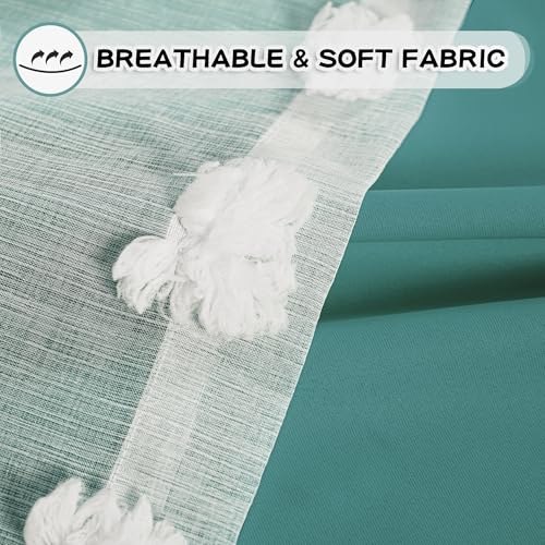 Image of MYSKY HOME 90 Inches Long Teal Curtains for Living Room Nursery Curtains for Bedroom Double Layer Curtains White Pom Pom Sheer Curtains for Dining Room Grommet Room Darkening Window Panels W52 X L90