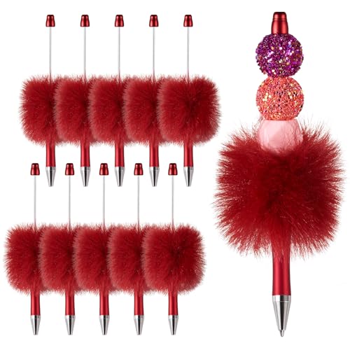 Beadthoven 10pcs Fluffy Beadable Pens, Cute Plush Ball Beaded Pens DIY Christmas Plastic Bead Pen Funny Pom Pom Pens Shaft Black Ink Ballpoint Pens for DIY Decorations Supplies Gift Office School Red
