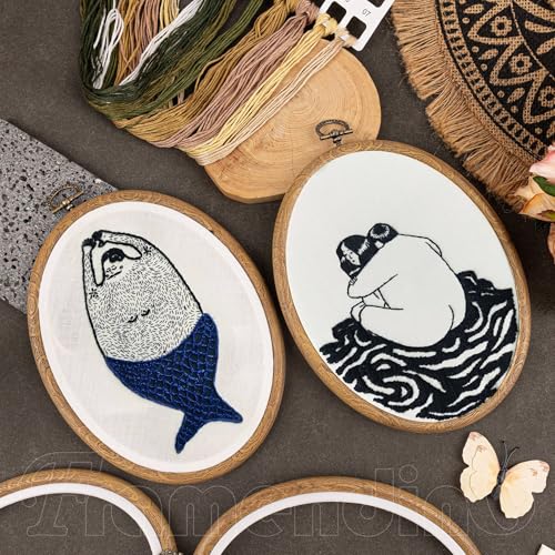 Image of Framendino, 5 Pack Embroidery Hoops 7.5x5.9 Inch Imitated Wood Display Frame Oval Cross Stitch Hoop Ring for Hanging Ornaments