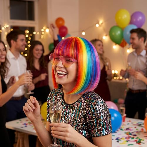 Image of Rainbow Wig, Short Bob Wigs with Heart Sunglasses Hair Cap for Women, Short Wigs for Halloween Costume, Daily Use and Special Events