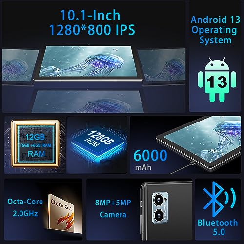 Image of Oangcc 2026 Android Tablet 10 Inch Tablets Octa-Core 12GB RAM 128GB ROM 2TB Expand, 2 in 1 Tablet with Keyboard, Mouse, 5G Wi-Fi Blue /Tooth GPS, GMS Certified, IPS HD Display (Black)
