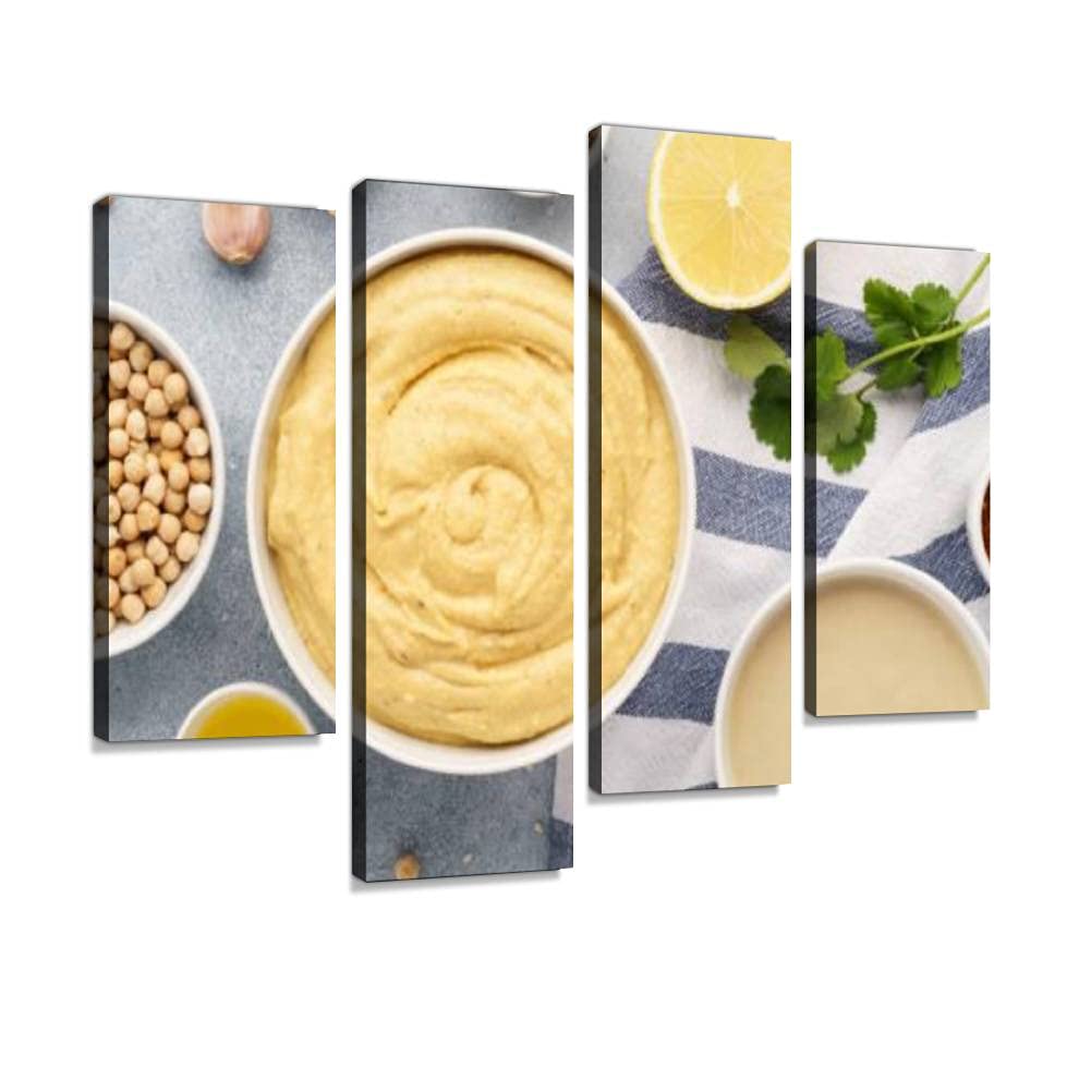 Canvas Print Artwork Hummus ingredients chickpea lemon garlic sesame olive oil Wall Art Pictures Framed Digital Print Abstract Painting Room Home Office Decor Ready to Hang - 4 Panel