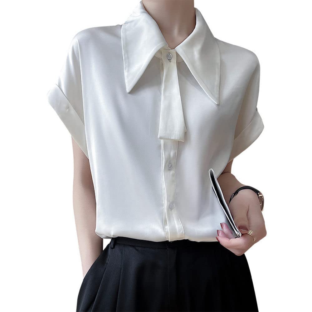 Camicia Donna,Camicette Estive Da Donna Casual In Raso Di Seta Bianco Tinta Unita Colletto A Punta Papillon Camicia Alla Moda Top Arrotolato Manica Corta Abbottonatura Magliette Larghe Per Vacanze I