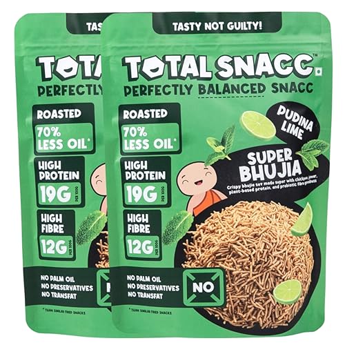 Image of TOTAL SNACC Roasted Bhujia Pudina Lime (250g x 2 Packs) | High Protein 19g, High Fibre 12g | 70% Less Oil | No Palm Oil | Baked Bhujiya | Healthy Namkeen | High Protein Snacks | Diabetic Friendly | Millet Bhujia | Low Calorie