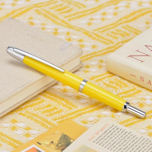 Image of GOLD LEAF Jinhao 20 Press Retractable Fountain Pen - Fine Nib with Converter - Plastic Body & Metal Clip - Multiple Colors - Smooth Writing Pen (No Ink Included) (Lemon Yellow (Silver Clip))