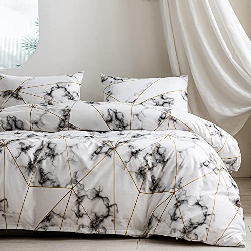 Damier Juego de funda nórdica de 220x240 cm, color blanco, negro, mármol, oro a rayas, 3 piezas, funda de edredón de microfibra suave con cremallera oculta y 2 fundas de almohada de 80x80 cm