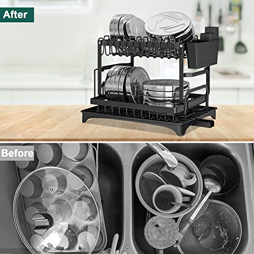 مسند قابل للطي مضاد للصدا مع رفين وصينية تصريف لحفظ ادوات المائدة ولوح التقطيع والصحون، سعة داخلية كبيرة للمطبخ L، أسود، صلب كربون