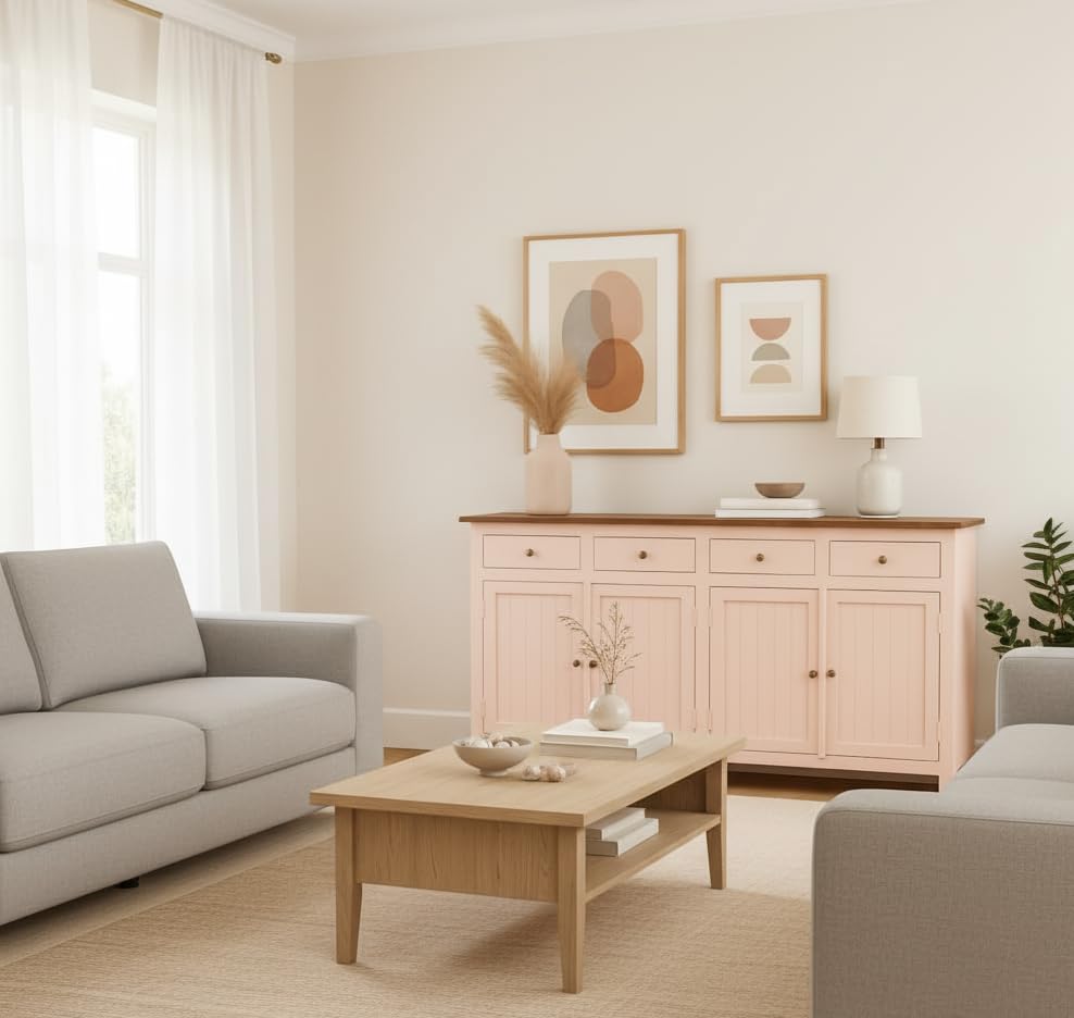 Image of Solid Wood Madrid (L) Sideboard for Living Room | Kitchen Storage Cabinet | Crockery Storage Unit | Storage Cabinet (Finish- Scratch Resistant Tubaq Top and Rosette Pink)