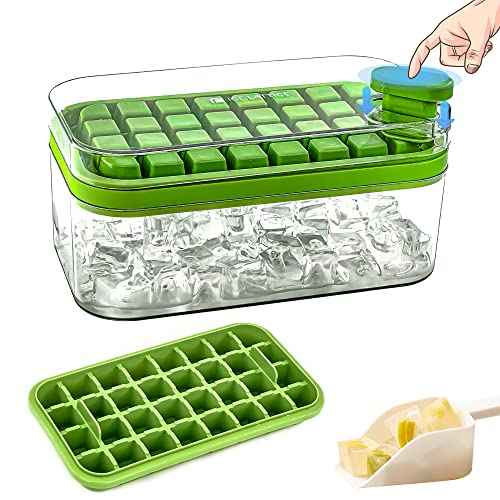Ice Cube Tray With Lid And Bin For Freezer 32 Cube Ice Cube Tray Stackable Easy Release Ice Cube Molds For Cocktail Whisky Coffee With Scoop Ease Of Use Cleaning (Green, Single Layer) #TOP5