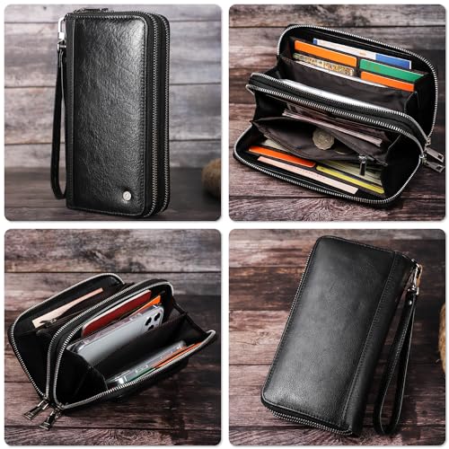 Image of Top Grain Genuine Leather Text Customizable Clutch Wallet Purse for Man & Woman, Classic Vintage Design, Fully Handmade, Multiple Pockets & Slots, RFID Large Capacity for Daily /Business /Traveling /Gift