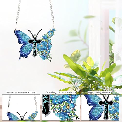 Image of DIY 5D Diamond Painting Hanging Kit, Blue Butterfly Cross Faith Acrylic Pendant Ornament, Religious Special Shaped Diamond Art for Adults, Wall, Door, or Garden Decor Craft Gift