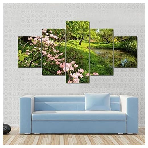 Cuadro En Lienzo Decoracion 5 Piezas Hd Imagen Impresiones En Lienzo Coche De Lujo Hd Coche Estanque De Primavera Y Rododendros Sin Marco 150 X 80 Cm Lienzo Grandes Xxl Murales Pared 5 Paneles De Pin
