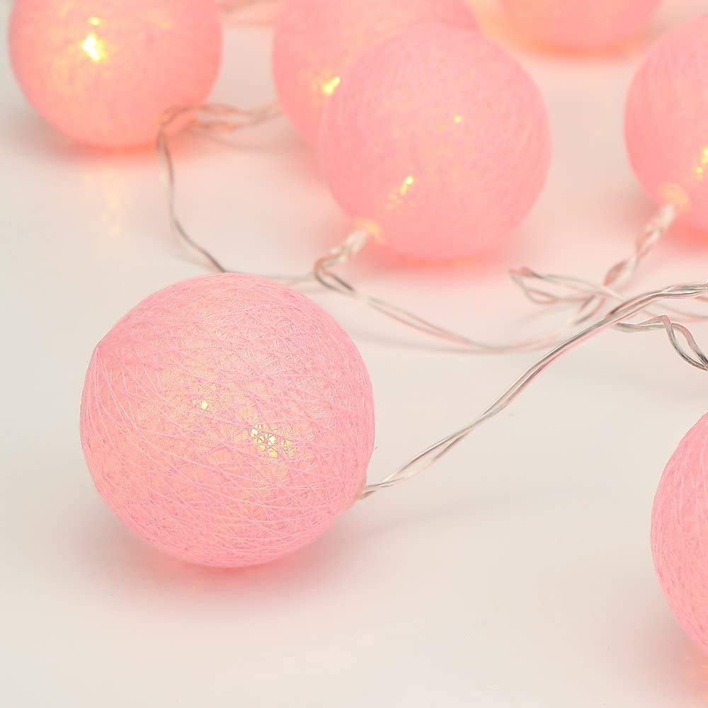 Cotton Ball Fairy String Lights, Chickwin Battery Powered Colorful Decor LED Night Lights 6cm Ball Lamp for Garden Indoor Home Holiday Party Wedding Christmas Decoration (Pink, 1.8m/ 10 Lights)