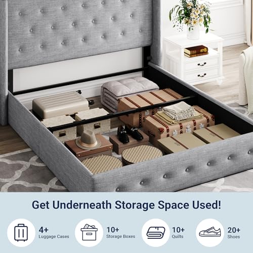 Image of Allewie Queen Size Lift Up Storage Bed, Button Tufted Headboard with Wingback, Hydraulic Support, No Box Spring Needed, Light Grey