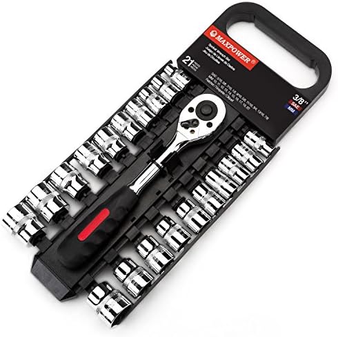 MAXPOWER 21pc 3/8-inch Ratcheting Socket Wrench Set - Metric + SAE - Pro Grade Quick Release Reversible Ratchet Handle with Metric and SAE Sockets on a Handy Rack