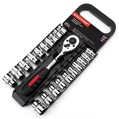 Maxpower 21Pc 3/8-Inch Ratcheting Socket Wrench Set - Metric + Sae - Pro Grade Quick Release Reversible Ratchet Handle With Metric And Sae Sockets On A Handy Rack #TOP1