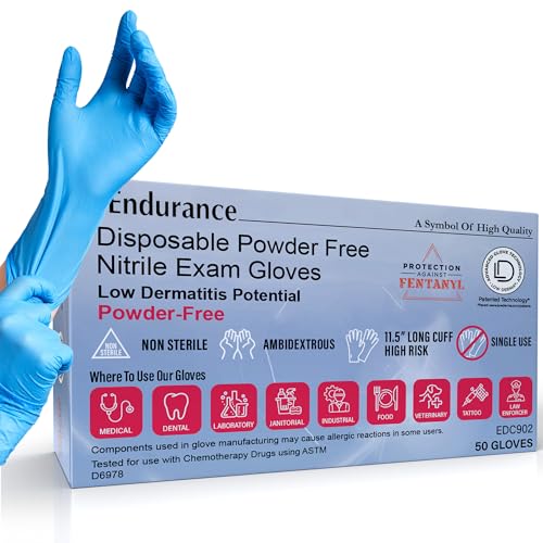 Saf-Care Endurance Disposable Nitrile Exam Gloves, Blue, 11.5 Inches Extended Cuff, Heavy Duty 8 Mil Powder-Free, Low Derma, Fingertip Textured, Non-Sterile, Latex-Free Medical Gloves (50, Large)