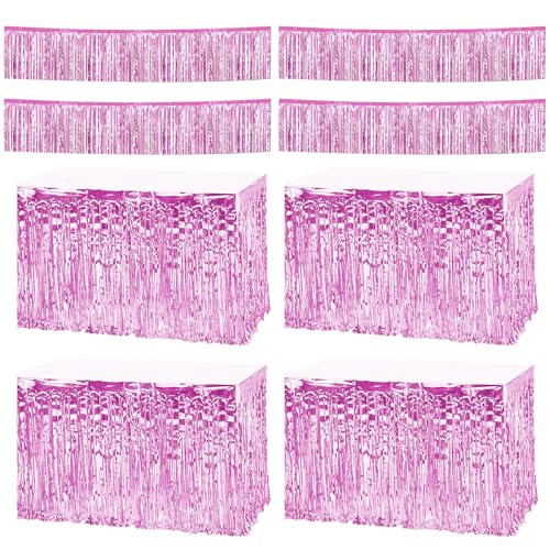 Stranthother 4 Pack Pink Metallic Foil Fringe Tinsel Table Skirts 29x108 Inch & 4 Pack 10 Feet Tinsel Curtain Garland Streamers Backdrop Banner for Holiday Birthday Wedding Bachelorette Party Decor