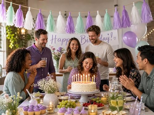 Image of Dusty Sage Green Purple Lavender Party Decorations Paper Tassel Garland Banner Streamers Wildflower Fairy Birthday Baby Shower Wedding Bachelorette Tea Party Nursery Wall Hanging Decor