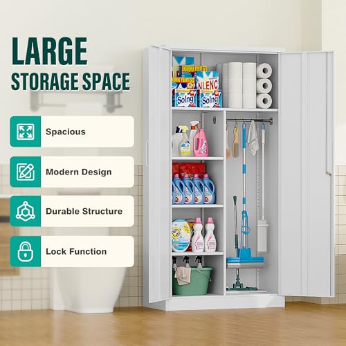 Image of Wide & Deep Metal Storage Cabinet with Hanging Rod,White Broom Closet Storage Cabinet with Lock,72 inch Tall Wardrobe Cabinets with Doors and Shelves,Locking Steel Tool Cabinets for Home,Office,Garage